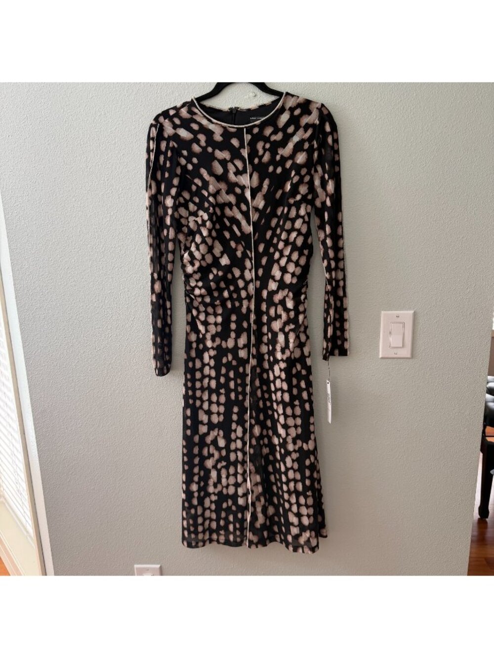 NWT Maggy London Black Mesh Long Sleeve Midi Dress Womens 4 Ruched Sides